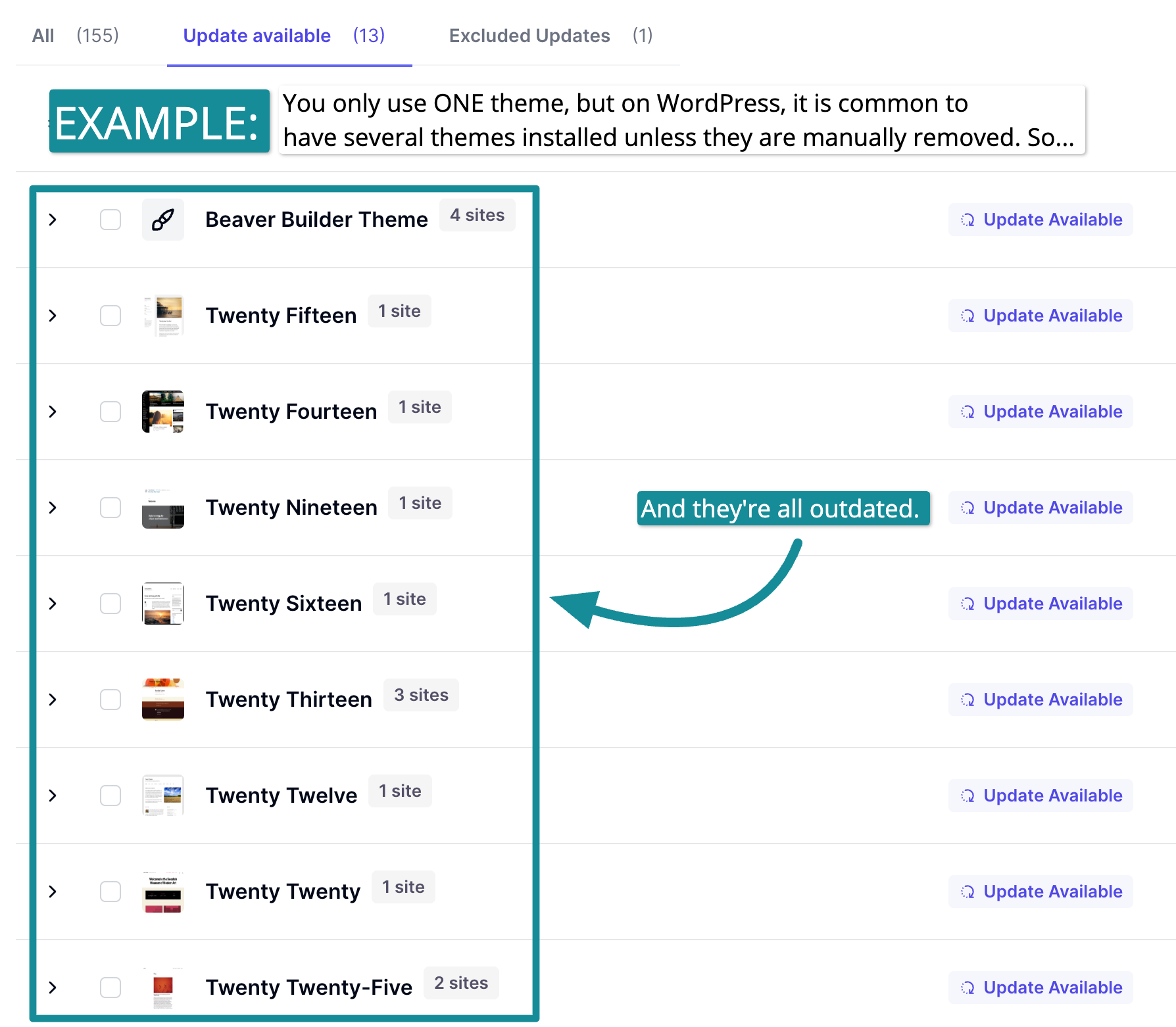screenshot of wordpress maintenance tool showing outdated themes